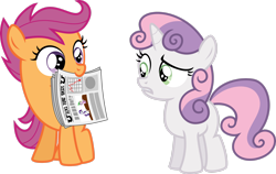 Size: 3084x1945 | Tagged: safe, artist:flizzick, rarity, scootaloo, spike, sweetie belle, earth pony, pony, unicorn, g4, ponyville confidential, season 2, duo, duo female, female, filly, foal free press, mouth hold, newspaper, simple background, transparent background, vector