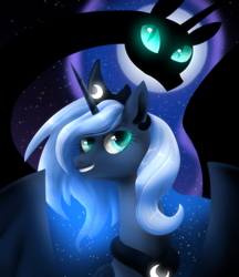 Size: 865x1000 | Tagged: safe, artist:themiles, nightmare moon, princess luna, alicorn, pony, g4, female, glowing, glowing eyes, moon, night, silhouette, smiling