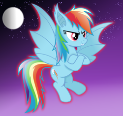 Size: 4993x4705 | Tagged: safe, artist:anime-equestria, rainbow dash, bat pony, pony, g4, bat ears, bat ponified, bat wings, crossed arms, fangs, female, flying, glowing, glowing eyes, moon, night, race swap, rainbowbat, smiling, smirk, solo, stars, wings