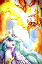 Size: 2000x3000 | Tagged: safe, artist:not-ordinary-pony, derpibooru exclusive, daybreaker, princess celestia, alicorn, pony, g4, crepuscular rays, duality, duo, female, high res, mane of fire, sad, smiling