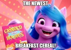 Size: 675x474 | Tagged: safe, artist:mlpfan3991, edit, edited screencap, screencap, izzy moonbow, pony, unicorn, g5, my little pony: a new generation, caption, cereal, female, food, grinded pony hooves, happy, image macro, implied cannibalism, open mouth, solo, song in the comments, text