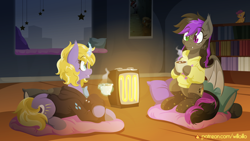 Size: 1920x1080 | Tagged: safe, artist:willoillo, oc, oc only, oc:candlelight sonata, oc:willowisp, bat pony, pony, unicorn, bookshelf, duo, female, heterochromia, lying down, pillow, prone