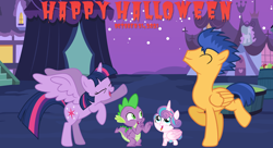 Size: 2064x1125 | Tagged: safe, artist:not-yet-a-brony, flash sentry, princess flurry heart, spike, twilight sparkle, alicorn, dragon, pegasus, pony, g4, 2021, aunt and niece, auntie twilight, dancing, do the sparkle, eyes closed, female, halloween, holiday, lyrics in the description, male, michael jackson, night, nightmare night, ship:flashlight, shipping, smiling, song reference, straight, thriller, twilight sparkle (alicorn), uncle flash, uncle spike, youtube link in the description