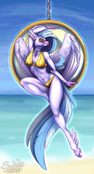 Size: 649x1200 | Tagged: safe, artist:sunny way, silverstream, hippogriff, anthro, unguligrade anthro, g4, beach, bikini, clothes, feather, female, grin, ocean, pinup, smiling, solo, sunglasses, swimsuit, water, wings