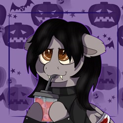 Size: 1439x1439 | Tagged: safe, artist:bluemoon, pegasus, pony, undead, vampire, bandage, broken wing, clothes, commission, cute, drink, drinking, drinking straw, fangs, feathered wings, floppy ears, gerard way, hoof hold, jacket, male, my chemical romance, ponified, scarf, solo, stallion, wings, ych result