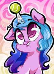 Size: 1400x1920 | Tagged: safe, artist:babyespurr, izzy moonbow, pony, unicorn, g5, my little pony: a new generation, ball, colored pupils, cute, female, horn, horn impalement, hornball, izzy's tennis ball, izzybetes, lip bite, mare, one ear down, solo, tennis ball