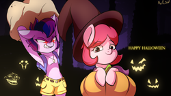 Size: 2880x1620 | Tagged: safe, artist:alexsc112, oc, oc:magenstar, oc:violethex, bat pony, pony, armpits, backpack, banjo kazooie, banjo the bear, bipedal, boulder, clothes, halloween, hat, holiday, jack-o-lantern, jewelry, meme, necklace, pumpkin, shorts, spamton, this will end in death, this will end in tears, this will end in tears and/or death, trollface, vest, witch hat