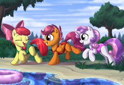 Size: 3187x2200 | Tagged: safe, artist:sirzi, apple bloom, scootaloo, sweetie belle, earth pony, pegasus, pony, unicorn, g4, clothes, cutie mark crusaders, detailed background, female, filly, green swimsuit, happy, high res, inner tube, one-piece swimsuit, pink swimsuit, red swimsuit, running, sand, swimsuit, tree, trio, water