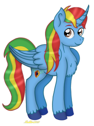 Size: 720x960 | Tagged: safe, artist:madlilon2051, oc, oc only, oc:shield wing, alicorn, pony, alicorn oc, brown eyes, chest fluff, curved horn, eyebrows, eyebrows visible through hair, folded wings, horn, large wings, male, multicolored hair, multicolored mane, multicolored tail, rainbow hair, simple background, smiling, solo, stallion, standing, tail, transparent background, unshorn fetlocks, wings