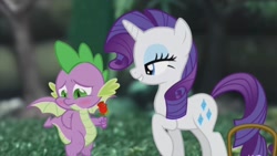 Size: 1472x828 | Tagged: safe, artist:georgegarza01, rarity, spike, dragon, pony, unicorn, g4, bedroom eyes, blushing, embarrassed, female, flower, male, mare, rose, ship:sparity, shipping, show accurate, straight, winged spike, wings, youtube link