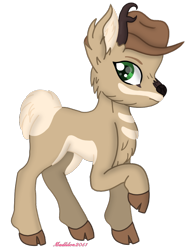 Size: 726x969 | Tagged: safe, artist:madlilon2051, oc, oc only, deer, pony, antlers, chest fluff, cloven hooves, deer oc, ear fluff, hat, raised hoof, signature, simple background, solo, transparent background