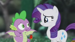 Size: 1472x828 | Tagged: safe, artist:georgegarza01, rarity, spike, dragon, pony, unicorn, g4, female, flower, hand on head, male, mare, rose, ship:sparity, shipping, show accurate, smiling, straight, winged spike, wings, youtube link