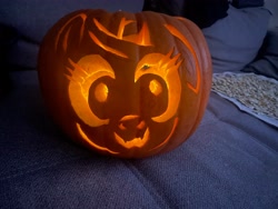 Size: 4032x3024 | Tagged: safe, artist:littlenaughtypony, halloween, hi anon, looking at you, meme, open mouth, open smile, photo, pumpkin, pumpkin carving, smiling