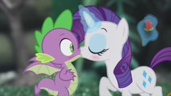 Size: 1472x828 | Tagged: safe, artist:georgegarza01, rarity, spike, dragon, pony, unicorn, g4, blushing, duo, eyes closed, female, flower, interspecies, kiss on the lips, kissing, magic, male, mare, rose, ship:sparity, shipping, shocked, show accurate, straight, surprise kiss, telekinesis, winged spike, wings, youtube link