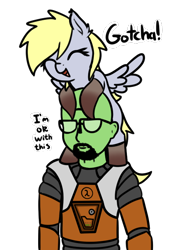 Size: 516x719 | Tagged: safe, artist:neuro, derpy hooves, oc, oc:anon, headcrab, human, hybrid, pony, g4, beard, clothes, costume, cute, derpabetes, duo, facial hair, female, glasses, gordon freeman, half-life, halloween, halloween costume, male, mare, pony hat, simple background, transparent background