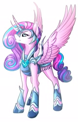 Size: 1313x2048 | Tagged: safe, artist:damayantiarts, princess flurry heart, alicorn, pony, armor, female, frown, hoof shoes, horn, mare, older, older flurry heart, simple background, solo, warrior flurry heart, white background, wings