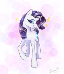 Size: 1399x1610 | Tagged: safe, artist:damayantiarts, rarity, pony, unicorn, g4, the last problem, abstract background, eye wrinkles, female, horn, mare, older, older rarity, raised hoof, signature, smiling, solo