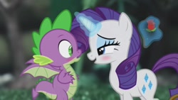 Size: 1472x828 | Tagged: safe, artist:georgegarza01, rarity, spike, dragon, pony, unicorn, blushing, cute, female, flower, imminent kissing, magic, male, mare, raribetes, rose, shipping, show accurate, smiling, sparity, straight, surprised, telekinesis, winged spike, wings, youtube link