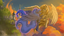 Size: 1280x720 | Tagged: safe, artist:tinybenz, princess luna, oc, oc:night finch, alicorn, pony, g4, alicorn oc, blue coat, canon x oc, canterlot castle, cloud, commission, crown, ethereal mane, ethereal tail, eye contact, female, flowing mane, flowing tail, flying, holding hooves, horn, in air, jewelry, looking at each other, lunafinch, male, mare, not sunset shimmer, open mouth, open smile, peytral, regalia, scenery, shipping, sky, smiling, spread wings, stallion, starry mane, starry tail, straight, sunset, tail, two toned mane, two toned tail, wings, yellow coat
