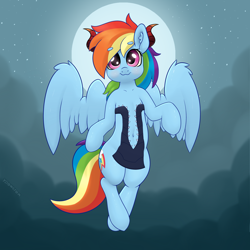 Size: 4000x4000 | Tagged: safe, artist:yelowcrom, rainbow dash, pegasus, pony, g4, beanbrows, blushing, clothes, cloud, cute, dashabetes, ear fluff, eyebrows, eyebrows visible through hair, female, halloween, holiday, horns, mare, moon, nightmare night, solo, wings