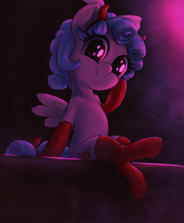 Size: 2480x3000 | Tagged: safe, artist:t72b, cozy glow, pegasus, pony, g4, belly, belly button, bow, clothes, costume, curly hair, devil horns, female, filly, freckles, high res, hoof on cheek, hoofy-kicks, horns, looking at you, sitting, socks, solo, stockings, thigh highs