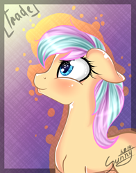 Size: 1000x1274 | Tagged: safe, artist:herusann, oc, oc only, earth pony, pony, abstract background, blushing, bust, earth pony oc, female, mare, signature, solo