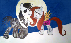 Size: 1000x617 | Tagged: safe, artist:ingvill, big macintosh, fluttershy, earth pony, pegasus, pony, g4, crossover, female, full moon, halloween, holiday, jack skellington, male, moon, sally skellington, ship:fluttermac, shipping, straight, the nightmare before christmas, traditional art