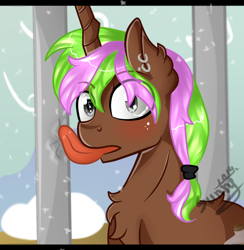 Size: 974x1000 | Tagged: safe, artist:herusann, oc, oc only, pony, unicorn, chest fluff, ear fluff, ear piercing, earring, horn, jewelry, male, outdoors, piercing, signature, snow, stallion, stuck, tongue out, tongue stuck to pole, unicorn oc, wide eyes