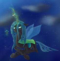 Size: 1361x1384 | Tagged: safe, artist:moonlightrift, queen chrysalis, changeling, changeling queen, g4, crown, female, horn, horn ring, jewelry, magic, night, regalia, ring, scar, solo