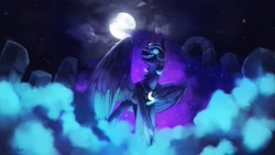 Size: 2560x1440 | Tagged: safe, artist:anticular, nightmare moon, alicorn, pony, g4, female, fog, full moon, glowing, glowing eyes, grin, looking at you, mist, moon, smiling, solo, spread wings, wings
