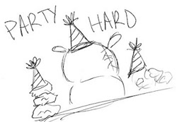 Size: 354x245 | Tagged: safe, artist:askpinkiepieandfriends, madame leflour, rocky, sir lintsalot, g4, hat, monochrome, party hard, party hat, simple background, sketch, white background