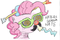 Size: 439x299 | Tagged: safe, artist:askpinkiepieandfriends, pinkie pie, earth pony, pony, g4, arrow through hat, bust, fake moustache, female, glasses, mare, party horn, simple background, sketch, solo, white background