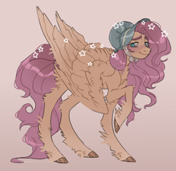 Size: 1308x1271 | Tagged: safe, artist:sannateacupss, fluttershy, pegasus, pony, g4, blushing, bonnet, chest fluff, colored hooves, elbow fluff, female, flower, flower in hair, fluffy, gradient background, hat, hoof fluff, large wings, leg fluff, lidded eyes, looking at you, mare, raised hoof, smiling, solo, standing, three quarter view, wings