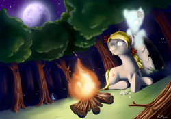 Size: 2880x2001 | Tagged: safe, artist:renatethepony, earth pony, ghost, ghost pony, pony, undead, campfire, don't starve, duo, female, flower, forest, full moon, high res, lying down, mare, moon, night, outdoors, ponified, prone, stars, tree