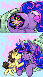 Size: 1000x1800 | Tagged: safe, artist:undeadcashew, oc, oc only, oc:queen galaxia (bigonionbean), oc:tommy the human, alicorn, pony, adorable face, alicorn oc, blushing, butt, child, colt, commissioner:bigonionbean, cute, cutie mark, daaaaaaaaaaaw, dummy thicc, extra thicc, eyes closed, female, flank, foal, fusion, fusion:princess cadance, fusion:princess celestia, fusion:princess luna, fusion:twilight sparkle, horn, large butt, male, mare, mother and child, mother and son, nuzzling, plot, slide, stuck, the ass was fat, wings, writer:bigonionbean