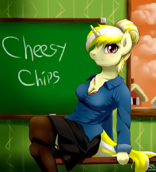 Size: 1830x2012 | Tagged: safe, artist:renatethepony, oc, oc only, unicorn, anthro, chalkboard, clothes, cloud, female, horn, indoors, signature, sitting, skirt, smiling, unicorn oc