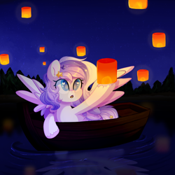 Size: 1000x1000 | Tagged: safe, artist:thieftea, oc, oc only, pegasus, pony, :o, beautiful, boat, colored pupils, female, forest, forest background, heart eyes, lake, lantern, night, open mouth, outdoors, paper lantern, sky, sky lantern, solo, spread wings, stars, tree, water, wingding eyes, wings