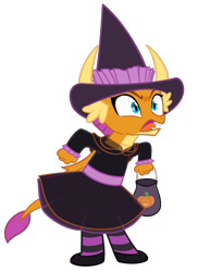 Size: 656x900 | Tagged: safe, artist:queencold, smolder, dragon, g4, angry, clothes, costume, dragoness, female, hat, simple background, solo, transparent background, witch, witch hat