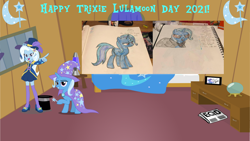 Size: 1280x720 | Tagged: safe, artist:rizo2612studios, trixie, pony, equestria girls, g4, crystal ball, drawing, lava lamp, magician outfit