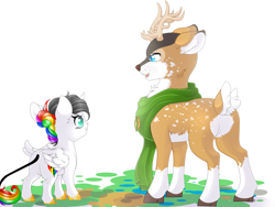 Size: 3968x2976 | Tagged: safe, artist:schokocream, oc, oc only, oc:lightning bliss, oc:tyandaga, alicorn, deer, pony, reindeer, alicorn oc, antlers, clothes, duo, female, filly, high res, horn, male, scarf, schokocream, simple background, white background, wings