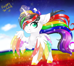 Size: 2834x2551 | Tagged: safe, artist:schokocream, oc, oc only, oc:lightning bliss, alicorn, pony, alicorn oc, cloud, ear fluff, female, happy birthday, high res, horn, mare, multicolored hair, outdoors, rainbow hair, rainbow power, raised hoof, schokocream, smiling, stars, wings