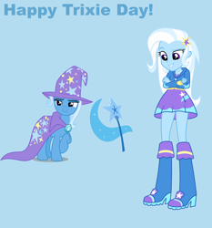 Size: 2286x2448 | Tagged: safe, artist:agenthotman, trixie, pony, equestria girls, g4, blue background, boots, clothes, female, high heel boots, high res, hoodie, jacket, shirt, shoes, simple background, skirt, trixie wearing her boots