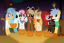 Size: 6000x4000 | Tagged: safe, artist:candy meow, oc, oc only, oc:astral charm, oc:flan, oc:hullabaloo, oc:mercury, oc:olga ulfstig, oc:pyrite, oc:swift, earth pony, kirin, pegasus, pony, unicorn, legends of equestria, absurd resolution, candle, candy, chest fluff, clothes, clown, clown nose, clown outfit, clown shoes, container, costume, dark, digital art, dirt, earth pony oc, eye scar, eyepatch, eyes closed, face paint, fake horn, fake wings, female, folded wings, food, game, ghost costume, glasses, glowing, glowing horn, group, halloween, halloween 2021, halloween costume, hat, holiday, horn, jack-o-lantern, kirin-ified, lab coat, lamppost, lantern, levitation, lights, looking at you, mad scientist, magic, magic aura, male, mane, mare, night, night sky, nightmare night, nightmare night 2021, npc, overcoat, pegasus oc, pirate costume, pirate hat, pirate outfit, ponydale, pumpkin, pumpkin bucket, pumpkin carving, red nose, road, scar, shadow, sheet, shirt, show accurate, skeleton costume, sky, smiling, smiling at you, species swap, stallion, standing, stars, tail, telekinesis, tree, trick or treat, two toned mane, two toned tail, undershirt, unicorn oc, video game, wall of tags, wings