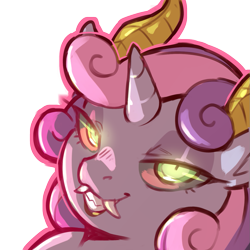 Size: 1159x1159 | Tagged: safe, artist:cold-blooded-twilight, sweetie belle, demon, pony, unicorn, g4, eyeshadow, fangs, female, glowing, glowing eyes, halloween, holiday, horn, horns, lipstick, looking at you, makeup, simple background, solo, transparent background