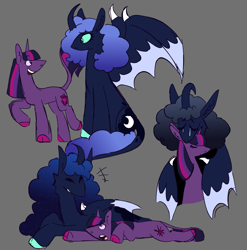Size: 1221x1236 | Tagged: safe, artist:tezzbot, princess luna, twilight sparkle, alicorn, classical unicorn, pony, unicorn, g4, alternate design, cloven hooves, curved horn, female, gray background, horn, hybrid wings, leonine tail, lesbian, lying down, mare, prone, ship:twiluna, shipping, simple background, unicorn twilight, unshorn fetlocks, wings