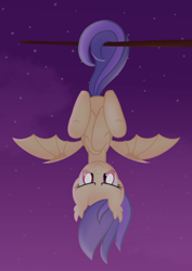 Size: 2100x2970 | Tagged: safe, artist:candy meow, oc, oc only, oc:ellowee, bat pony, pony, legends of equestria, bat ears, bat ponified, bat wings, digital art, fangs, female, game, hanging by tail, high res, looking at you, mane, mare, mascot, night, night sky, race swap, show accurate, sky, smiling, solo, spread wings, stars, tail, tree branch, two toned mane, two toned tail, upside down, video game, wings