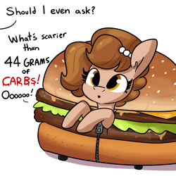 Size: 1584x1584 | Tagged: safe, artist:tjpones, oc, oc only, oc:brownie bun, earth pony, pony, horse wife, :o, adorkable, burger, burger costume, cheeseburger, cheeseburger costume, clothes, costume, cute, dialogue, dork, earth pony oc, female, food, food costume, halloween, halloween costume, hamburger, hamburger costume, mare, offscreen character, open mouth, simple background, solo, white background