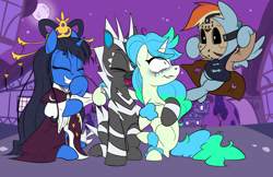 Size: 1600x1036 | Tagged: safe, artist:humble-ravenwolf, artist:ravenhoof, rainbow dash, oc, oc:matsuyo, oc:radiant coral, oc:ravenhoof, pegasus, pony, unicorn, g4, female, nightmare night, nightmare night 2021, pokémon, ponysona