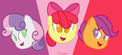 Size: 1892x855 | Tagged: safe, artist:realgero, apple bloom, scootaloo, sweetie belle, earth pony, pegasus, pony, unicorn, g4, cutie mark crusaders, female, trio