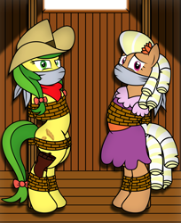 Size: 2801x3431 | Tagged: source needed, safe, artist:radiantrealm, apple fritter, prairie belle, earth pony, semi-anthro, g4, apple family member, arm behind back, bandana, bondage, bound, bound and gagged, bow, cloth gag, clothes, cowgirl, damsel in distress, dress, duo, female, flower, flower in hair, gag, help us, high res, holster, kidnapped, mare, over the nose gag, rope, rope bondage, standing, tied up, western